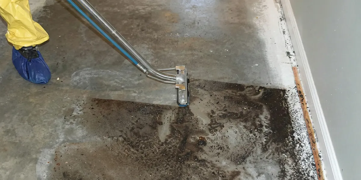 sewage removal technicians extracting contaminated wastewater from a residential floor in Dallas, TX
